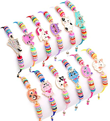 Toyssa 12 Pièces Bracelet Enfant Fille, Bracelet Amitié Pinata Anniversaire Fille Tissé Réglable Partie Fournitures Petit Cadeau Anniversaire Enfant Adolescente Femme (Chat)
