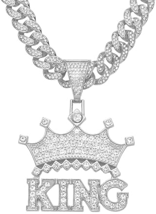BISONBLUE Collana Pendente Ciondolo Uomo Gioielli Donna Hip Hop Rock Roll Collana Hip Hop King Lettera Corona Ciondolo Collana da Uomo con Ciondolo da Strada Argento45 Cm