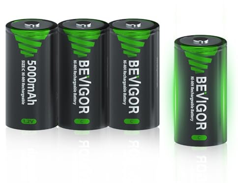 BEVIGOR Confezione Da 4 Batterie Ricaricabili C, Batterie NiMH C Ad Alta Capacità