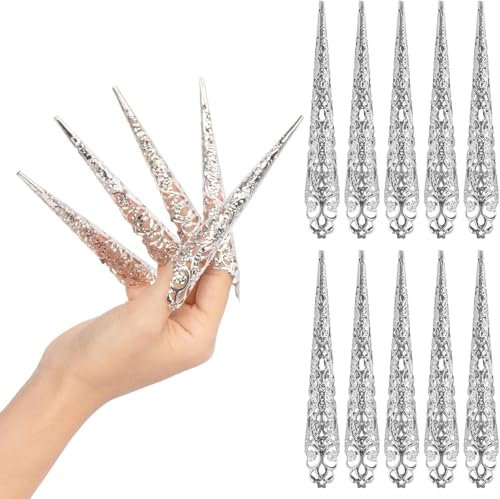 Zwenjuan Metall Falsche Nägel,10 Stück Fingernagelspitze Krallen Königin Kostüm Fingerspitze Kralle Nagel Ringe Nagelschutz Dekoration Zubehör Cosplay Drama Dance Show(Silber)