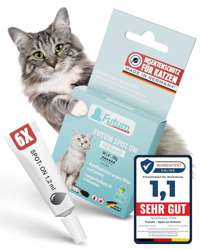 Spot On Katze 6 x 1,2 ml – 6 Monate Floh und Zeckenschutz für Katzen – Flohmittel mit Aktivstoffen Lemon Eukalyptus – Effektiver Zeckenschutz Katze – Spot On für Katzen schützt langanhaltend - FUTUM