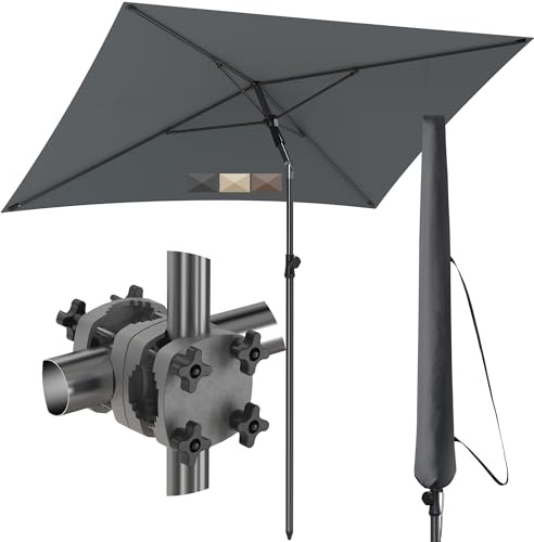4smile Sonnenschirm Balkon 3-in-1 SET, Sonnenschirm rechteckig 200 x 125 cm, UPF 50+, mit Sonnenschirmhalter für quadratische Balkongeländer, mit Sonnenschirmhülle, Anthrazit