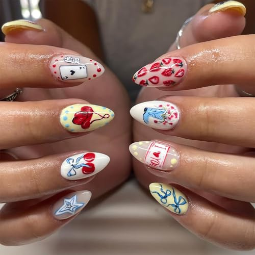 GlamRays 24 Pieces Cute nail Medium Length Press-on Almond Shape False Nails Cheery Strawberry Acrylic Star Bow Nails Press-ons Full Set Shiny Adhesive for Women Plastic