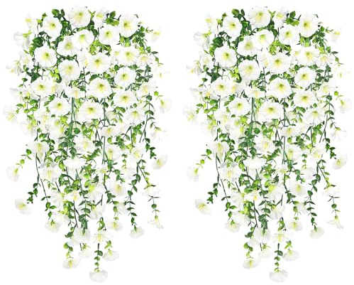 Epaing 4PCS Artificial Hanging Flowers, Artificial Plants Flowers Outdoor for Hanging Baskets Fake Petunia UV Resistant Artificial Trailing Plants for Home Garden Indoor Outdoor Decor(White)
