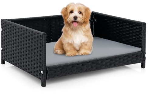 FANTASK Divano per cani di piccola taglia media, divano rialzato, in rattan PE con cuscino rimovibile e fodera lavabile, in rattan sintetico, 62 x 46 x 25 cm