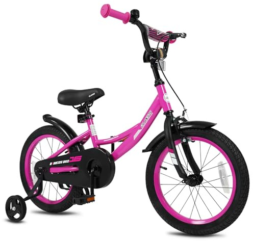 Olakids Kids Bike, 12 14 16 18 Inch BMX Style Toddlers Bike with Training Wheels Adjustable Seat Handlebar Coaster Brake Handbrake Safety Bell, Children's Bicycle for Boys Girls (16 Inch, Pink)