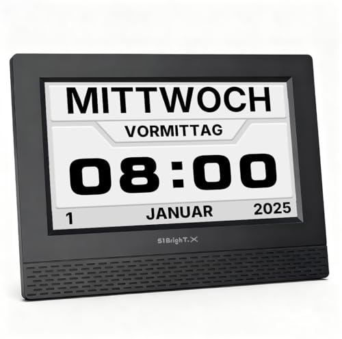 51Bright.X Digitale Uhr für Senioren 7 Zoll,Kalenderuhr mit Deutscher Sprachausgabe,Sprach-Erinnerungen für Medikamente und Alltag (20 Alarme),16 Anzeigethemen,dimmbar,Fernbedienung,Schwarz