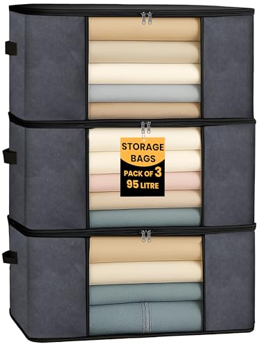 LKH Clothes Storage Bags 95L - Pack of 3 Foldable Fabric Clothes Storage Boxes - Non-Woven, Breathable & Dust-Resistant Storage Organiser with Handles & Zipper for Bedding, Quilts & Wardrobe Use