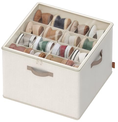 SONGMICS Organizador de Zapatos, para hasta 16 Pares de Zapatos, Ahorra Espacio, Separadores Ajustables, Apilable, Tapa Transparente, para Armario, Beige Capuchino LSP621LH01