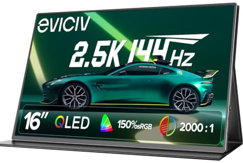 EVICIV Portable Monitor 16 Zoll 2,5K 144Hz QLED 150% sRGB 2000:1 500 Nits Tragbarer Display mit VESA & Schutzhülle, 2560 * 1600 16:10 IPS Metallgehäuse Gaming Bildschirm für Laptop/Phone/Spielkonsole