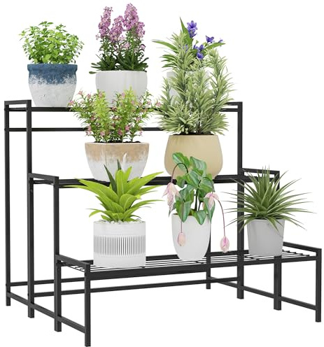 Outsunny Étagère à Fleurs en métal 3 Niveaux Intérieur et Extérieur, support de plantes en échelle, étagère à plantes pour Jardin, Balcon, Salon, 75 x 70 x 66 cm, Noir
