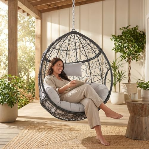 Castaic Hanging Chair with 8ft Chain, Indoor Outdoor Swing Seat, Comfortable Woven Rattan Hanging Lounge Chair with Heavy Duty Chain for Porch Patio Garden Balcony or Living Room