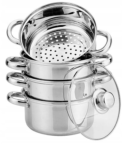 ZILNER Dampfgarer Set 5-teilig, 22 cm, 3x Dämpfeinsatz & Glasdeckel | Dampftopf für gesundes Dünsten, für alle Herdarten, Topf Set Edelstahl, Dampfkochtopf zum Garen
