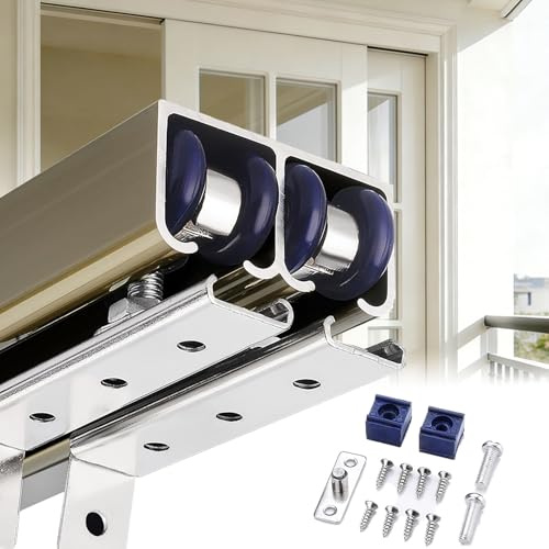 Sliding Door Track Kit, Bypass Barn Door Hardware Set, Heavy Duty Pocket Door Hardware with Rollers, Aluminum Box Rail for Double Closet Doors (Champagne,1.7m/5.6ft)