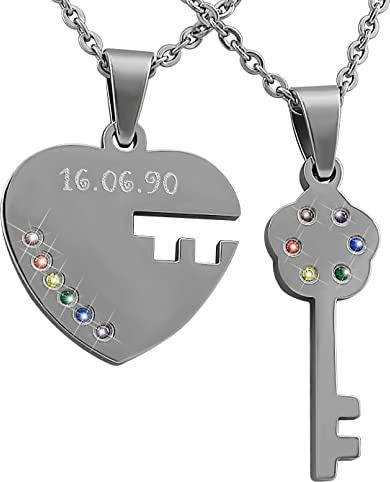 Hanessa 2 Stück Personalisierte Kette mit Gravur Edelstahl 50 cm mit Anhänger Puzzle Teil mit Strass-Stein in silber - Personalisierte Geschenke für Damen Herren Freundin Freund - Partner Halskette