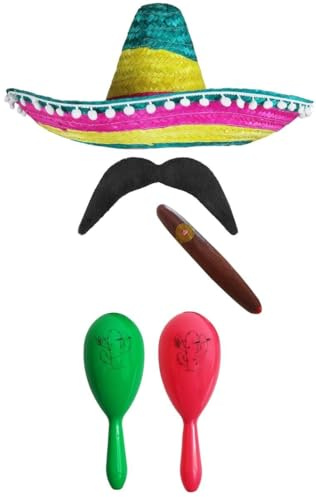 Mexikansk snygg klänning accessoarer sett. Mexikansk SOMBRERO + MARACAS + TAS. Perfekt för Mexikanska finsmakiga kläder SENORITA BANDIT MARIACHI (MULTI-färgad POM SOMBRERO + GRÖN OCH Rosa MARACAS)