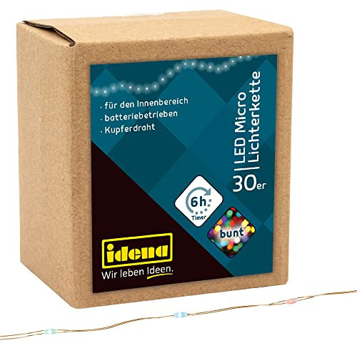 Idena 31096 - Guirnalda de luces LED con 30 luces LED de colores, con función de temporizador de 6 horas, funciona con pilas, aprox. 3,2 m de largo, para fiestas, Navidad, decoración, boda, luz de