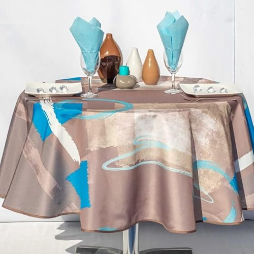 Villages de Provence Runde schmutzabweisende Tischdecke - Faltenbeständig und 100% Polyester - Maulwurf - Ø 160 cm - Terre Géo - 4/6 Besteck - Innen oder Außen - Esstisch, Küche oder Garten
