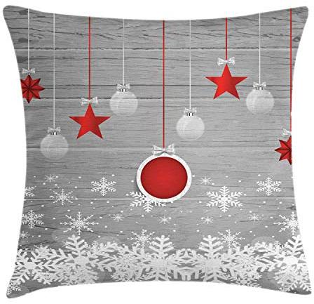 ABAKUHAUS Navidad Funda para Almohadón, Chucherías Estrellas Nieve, Decorativo, Estampado en Ambos Lados, 50 x 50 cm, Blanco Gris Rojo