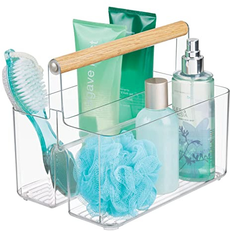 mDesign Plastic Portable Shower Caddy Divided Basket Bin Storage Organizer with Bamboo Handle for Bathroom, Dorm, Shelf & Cabinet Holds Shampoo, Conditioner - Aura Collection, Clear/Natural