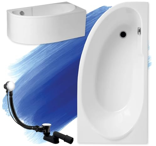 BADLAND Badewanne Original Weiß Acryl Wanne Eckbadewanne MIKI 140x70 Rechts KOMPLETTSET SET mit Weiß Acrylschürze + Füßen und Exklusive Chrom Automatik Ablaufgarnitur Made in EU 4in1