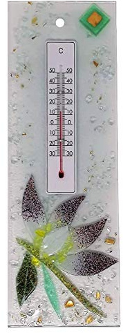 SOSPIRI VENEZIA Termometro Interni Esterni Temperatura Analogica da -30 a +50 °C Decoro Floreale Vetro Murano Decorato Foglia Oro Realizzato a Mano Made Italy cm 10X30 (Ninfea)