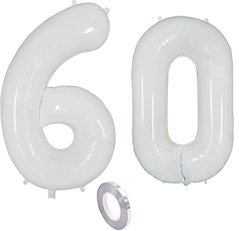 Weiß Luftballons Zahl 60. Geburtstag deko frau mann,Zahlen Ballon 60 Geburtstag deko, 40 Zoll Heliumballon 60 jahre Geburtstagsdeko frauen männer Aufblasbar Helium Folienballon 60 Weiß（60）