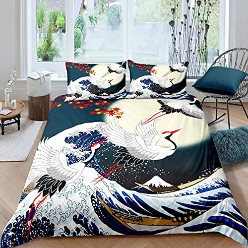 Homemissing Copripiumino giapponese Ukiyoe Hokusai Set di biancheria da letto in stile giapponese per bambini e adulti, stile esotico, onda, uccello, copriletto ultra morbido per letto matrimoniale
