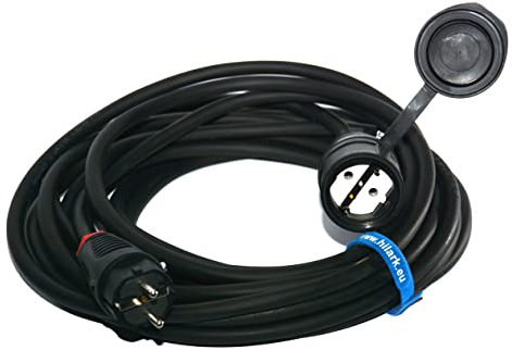 Hilark Cable alargador de 3 núcleos de 1,5 mm², IP44 con Enchufe Schuko, Cable de extensión H05VV-F 3G1,5 mm2 (3x1,5), Enchufe Schuko con Tapa Protectora, Cable eléctrico PVC (45 Metros, Negro)