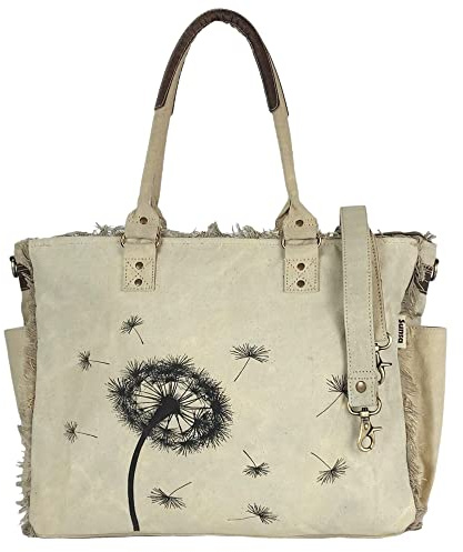 Sunsa Damen große Handtasche. XXL Tasche aus Canvas & Leder. Nachhaltige Strandtasche/Weekender mit Reißverschluss und Stern. Vintage Schultertasche als Geschenkideen für Frauen | Große Reisetasche,Vintage Strandtasche mit Pusteblume Aufdruck & Extra Crossbody Henkel. Unisex Handgepäck Sporttasche