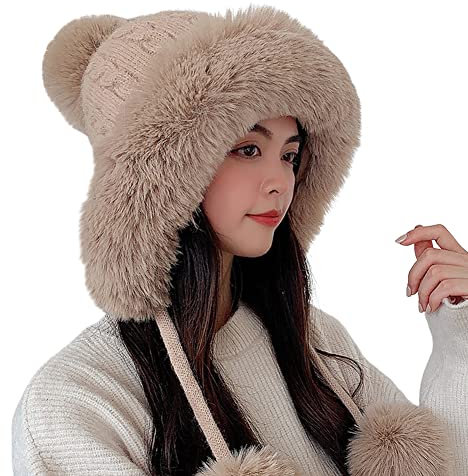 URFEDA Damen Winter Strickmütze Warme Mode Beanie Mütze Ohr Mütze mit Bommel,Wintermütze warme Strickmütze Damen Mütze mit Kunstpelz Bommel für Skifahren Radfahren