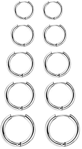 ASH'S CHOICE Juego de 5 pares de aretes de aro pequeños de acero inoxidable quirúrgico 316L, hipoalergénicos, aretes de aro para cartílago, para mujeres y hombres (8, 10, 12, 14, 16 mm)