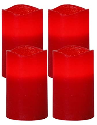 MARELIDA LED Kerzenset rot - Echtwachs - flackernde LED - Timer - H: 12,5cm, D: 7,5cm 4er Set