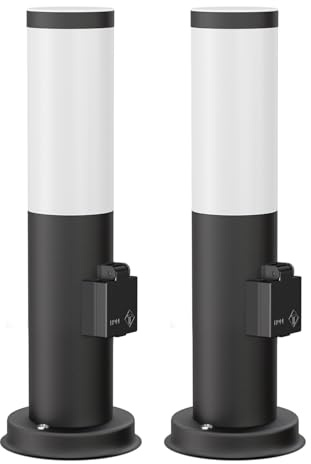 ledscom.de 2 Stück Wegelicht/Pollerleuchte PORU für außen, IP44, 38 cm, schwarz, 1x E27 max. 40W, Steckdose