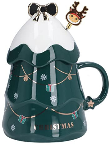 Keebgyy Weihnachtskaffeetasse, 500 Ml, Großes Fassungsvermögen, Weihnachtstasse, Keramik-Teemilchtasse, Kaffeetasse mit Deckellöffel Hause,(Grüner Deckel mit Rührlöffel)