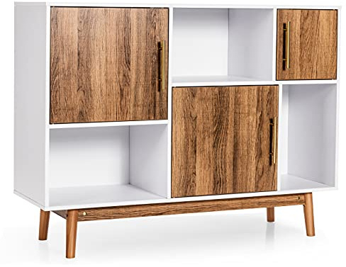 KOMFOTTEU Sideboard Holz, Buffetschrank mit 6 Fächern, Aufbewahrungsschrank mit Metallgriffen & Kippsicherung, Beistellschrank 95×31×76 cm, Kommode für Wohnzimmer, Küche (Weiß + Braun)