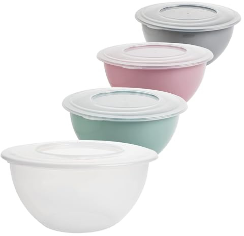 2friends Juego de 4 cuencos con tapa, 5 l, versátiles ensaladeras y tazones para mezclar, polipropileno sin BPA, colores de tendencia: gris claro, rosa pastel, verde, transparente, diámetro de 28 cm,