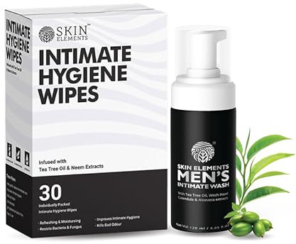 Skin Elements Intimate Hygiene Combo| Intimate Wash Men 120 ml+Intimate Wipes 30 Individual Sachets With Tea Tree & Neem Extracts - pH Balanced Foaming Wash Controls Odor