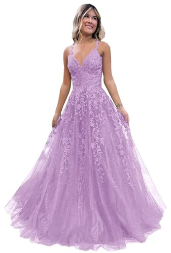 Women's Lace Applique Prom Dresses Long Tulle Bridesmaid Dress A Line V Neck Formal Party Ball Gowns with Slit Lilac M