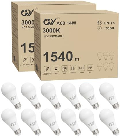 GY E27 LED Ultrahelle Energiespar Glühbirne, 14W Glühbirne E27, Ersetzt 100W lampe, A60 LED Birne 1540LM, 3000K Led Warmweiss, 280° Abstrahlwinkel Energiesparlampe, Nicht Dimmbar, 12 Stück