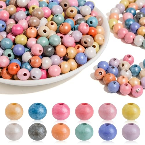 I LOVE MOM Holzperlen zum Auffädeln 300 Stück Runde Holzperlen Bunt Groß 10 mm Holzkugeln mit Loch Kinder für DIY Schmuckherstellung Armbänder Halsketten (10mm Perlmutt)