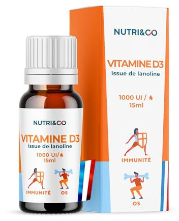 NUTRI & CO Vitamine D3 issue de Lanoline - 1000 U.I par Goutte - 2000 UI/j - Flacon 15ml - Santé des Os & Immunité - pour Adultes et Enfants - Fabriqué en France