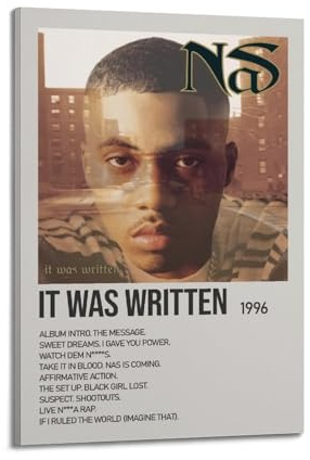KINGGHYLL Poster decorativo su tela con album Nas It Was Written, decorazione artistica da parete per soggiorno, poster estetico moderno, 50 x 75 cm, con cornice