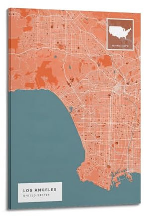 Poster decorativo da parete con mappa della città di Los Angeles, stampa artistica su tela, poster decorativo moderno per camera da letto, 30 x 45 cm