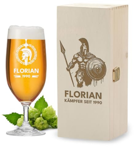 polar-effekt Leonardo Pilstulpe 0,3 Liter & Holzkiste als Set mit Gravur - Personalisiertes Geschenk für Männer - Bierglas für Pils, Craft-Beer und Lager - BPA-Frei
