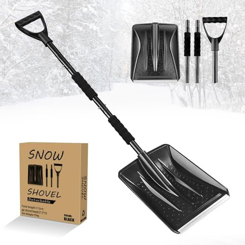 MEETOZ Snow Shovel, 2025 New Upgrade Snow Shovels, Lightweight and Detachable Shovels for Driveway, Portable Shovel for Cars, Home, Garden, Mud and Snowman, Snow Removal(Black)