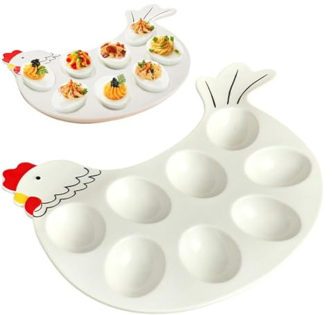 WAXCMXYH Deviled Eierplatte Tablett Keramik Eierplatte Halter Hahnform Ei Speiseteller Osterküken Teller Ei Serviertablett Geschirr Ei Display Rack für Zuhause Restaurant