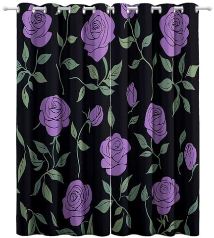 CozyRest Wohnzimmer Vorhänge Lila Rosen Schwarz Ösen Gardinen mit Blickdichte Thermo Vorhang Kälteschutz Blackout Curtain Kinderzimmer Schlafzimmer Ösenvorhang 215 x 220 cm