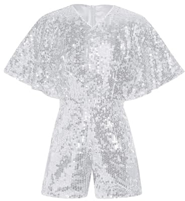 TiaoBug Mädchen Pailletten Jumpsuit Overall Kurz Festlich Body mit Bein Kurzarm Hosenanzug Sommer T-Shirt und Shorts Party Cocktail Tanz Leotard