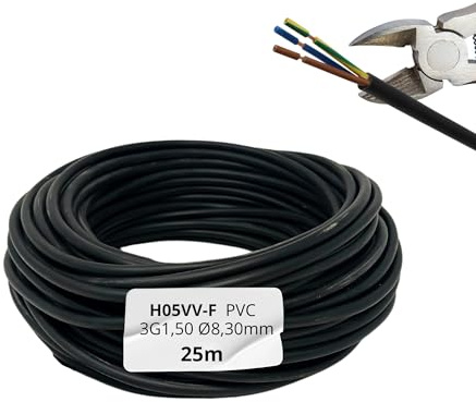 HALOTEC | Cable Flexible 25m 3x1,5 mm² Negro | Manguera Redonda PVC H05VV-F | Cobre Clase 5 3 Conductores | Cordón Eléctrico para Lámparas, Hogar y Oficina | Uso Doméstico 300/500 V